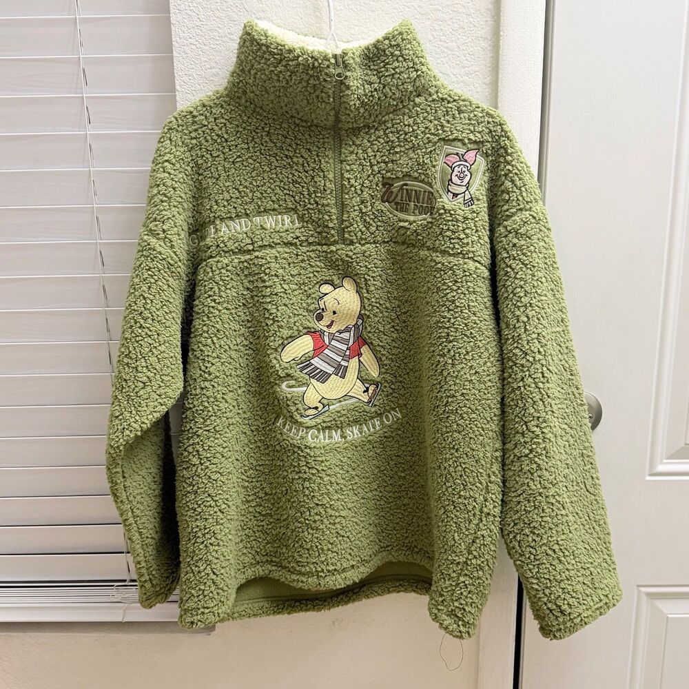 Disney Winnie the Pooh Sherpa Pullover Fleece Jacket Green 1/4 Zip Size L